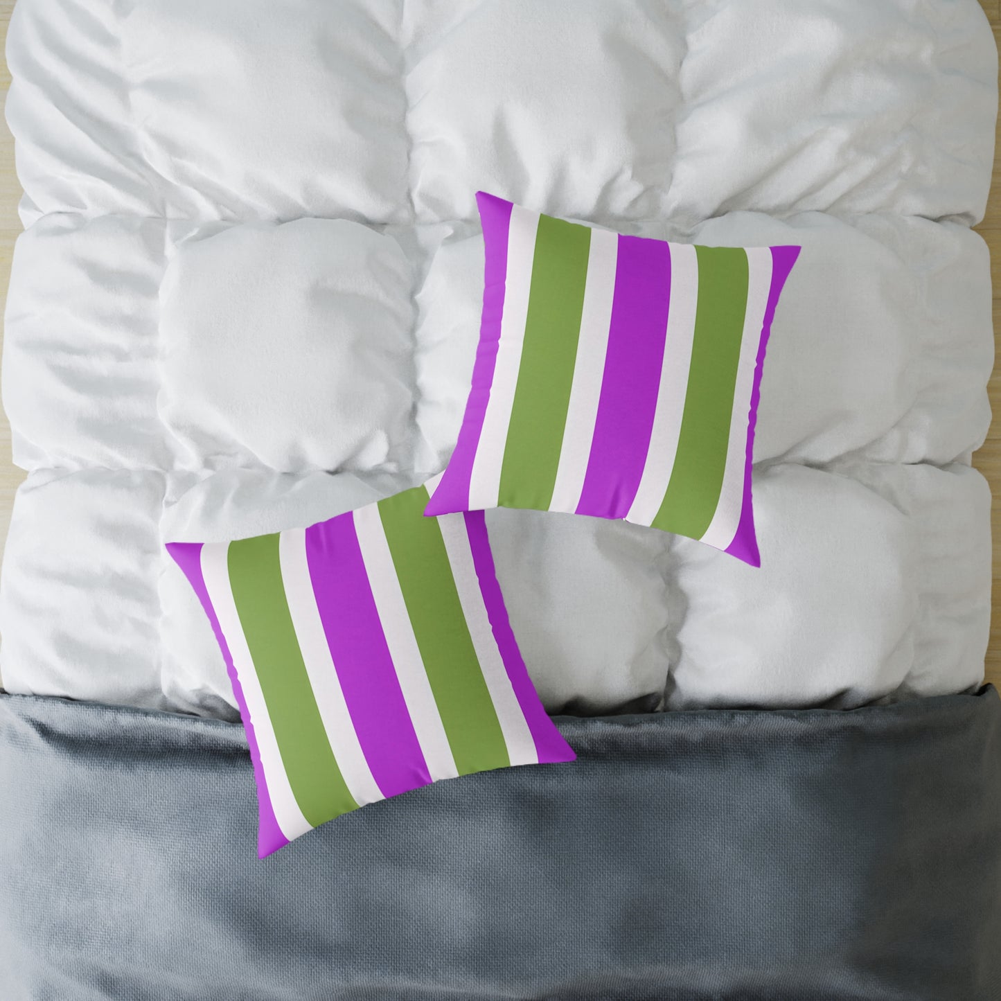 Magenta White and Green Vertical Stripe Pillow | Square Poly Canvas Pillow