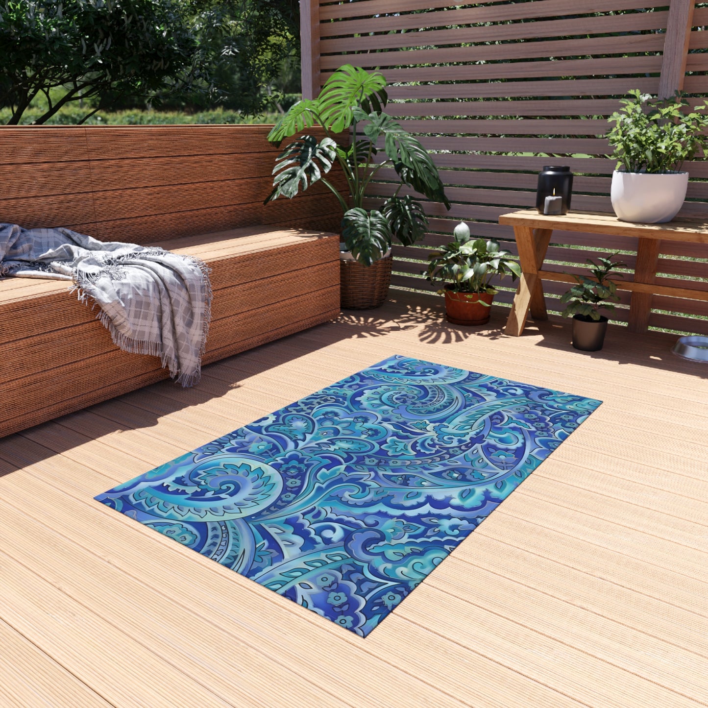 Blue Paisley Pattern Outdoor/Indoor Rug | Waterproof Patio Mat