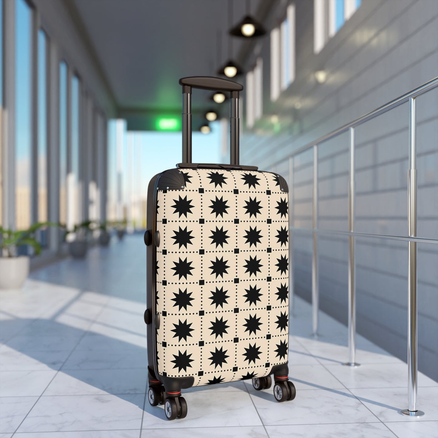 Black Creme Star Grid suitcase | Patterned Carry-On Luggage