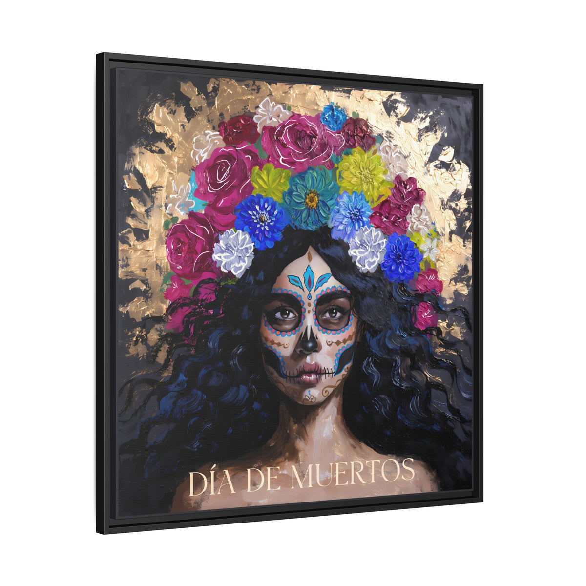 Día de Muertos Sugar Skull Woman Matte Canvas Framed | Floral Headdress Wall Art