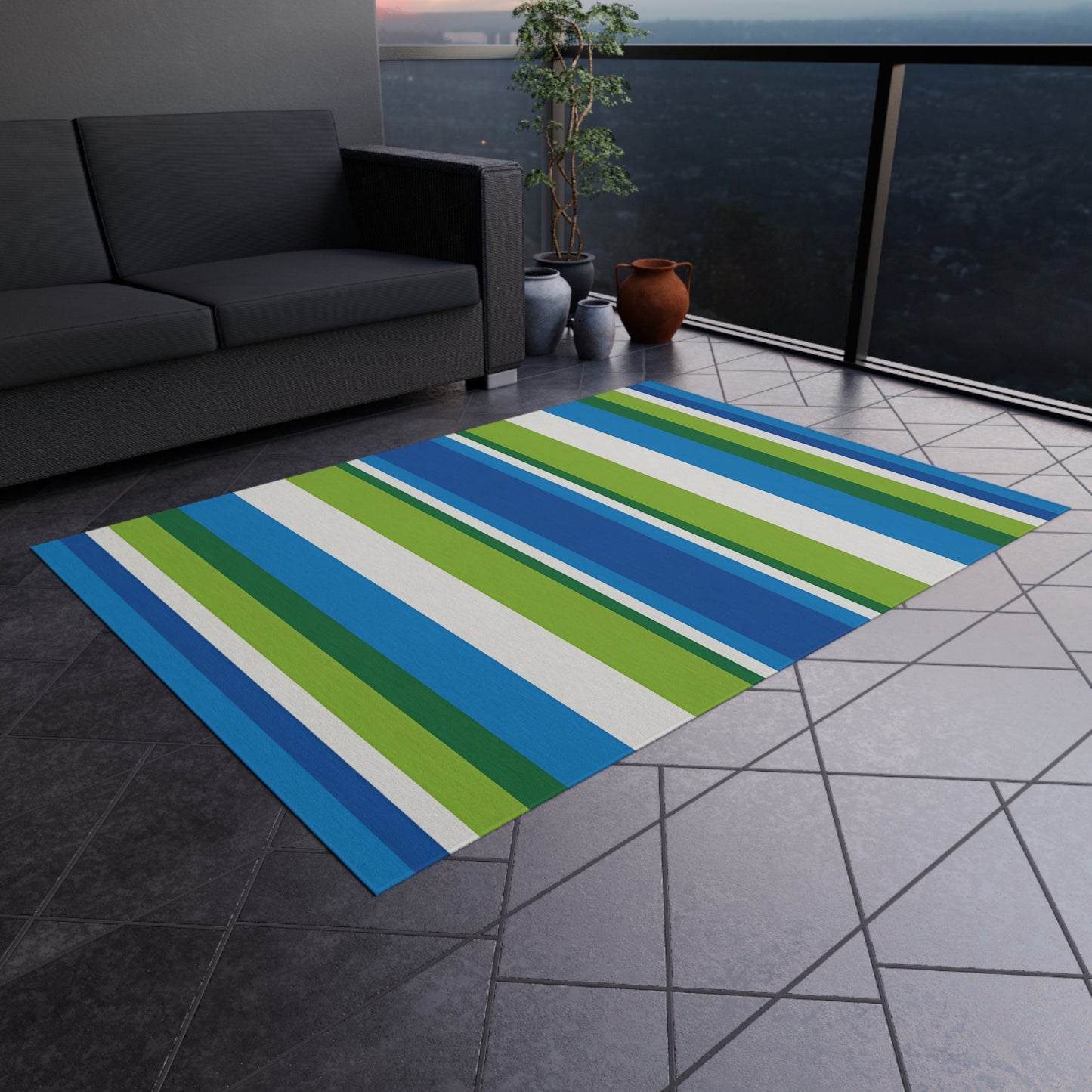 Blue Green Stripe Outdoor/Indoor Rug | Striped Patio Mat, Weatherproof Porch Rug