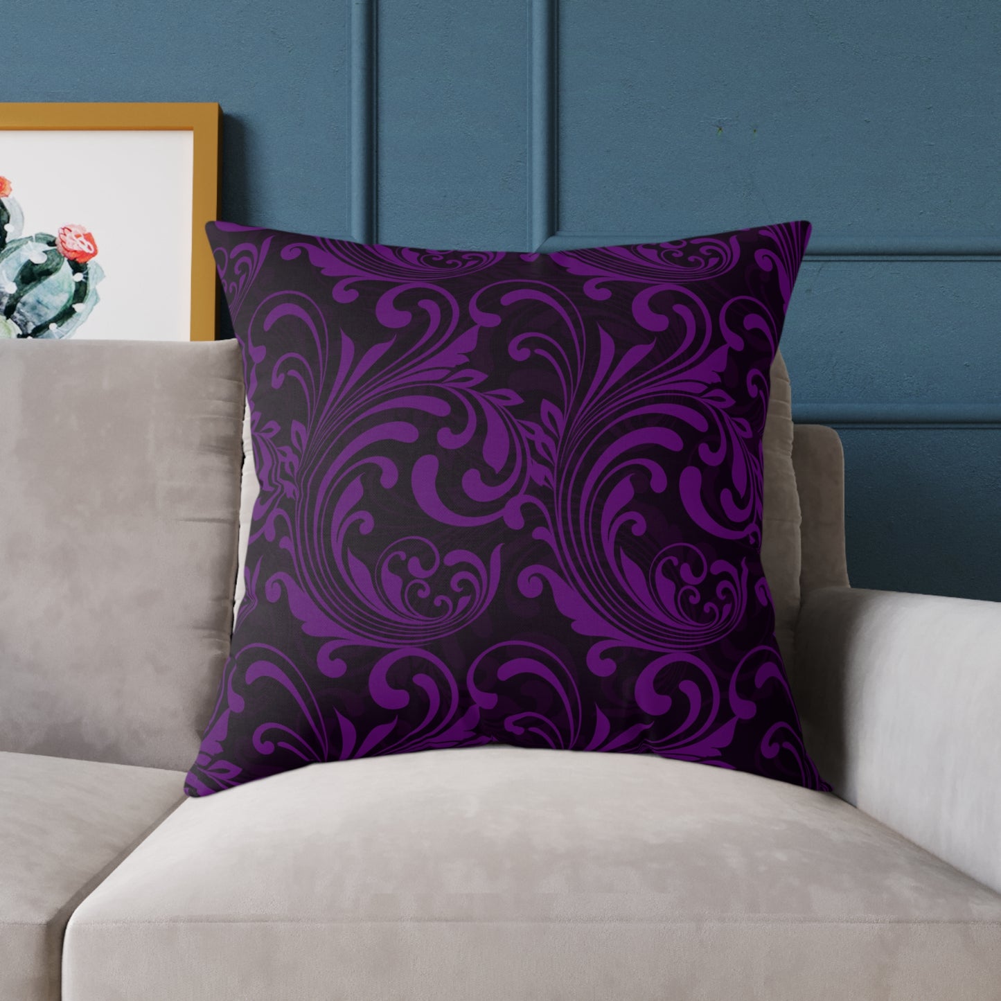 Purple Black Baroque Scroll Pillow | Square Throw Pillow, Dark Floral Damask