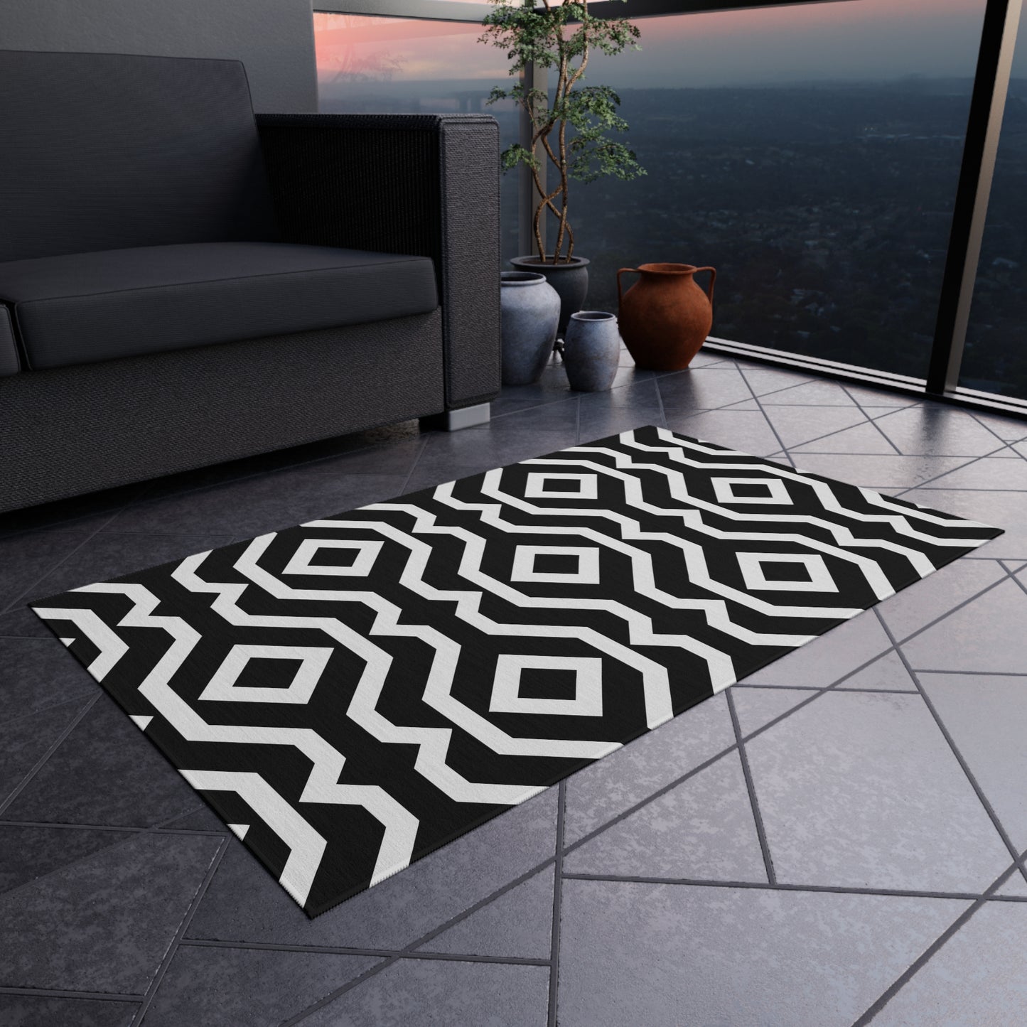 Geometric Black White Pattern Outdoor/Indoor Rug | Modern Patio Mat