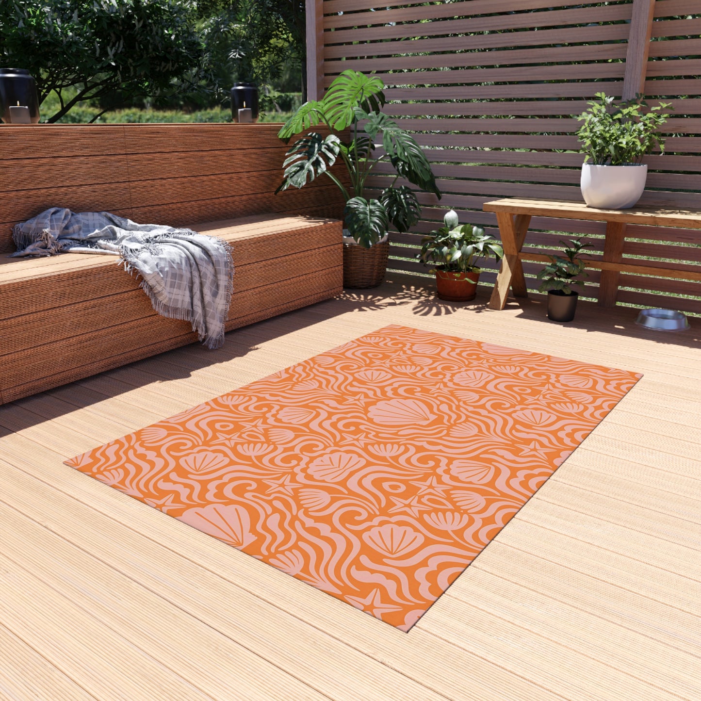Orange-Light Orange Seashell Pattern Outdoor/Indoor Rug | Coastal Patio Mat