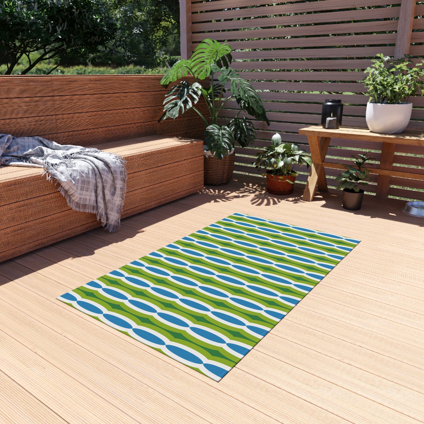 Blue Green Retro Geo Pattern Outdoor/Indoor Rug | Mid Century Modern Patio Mat