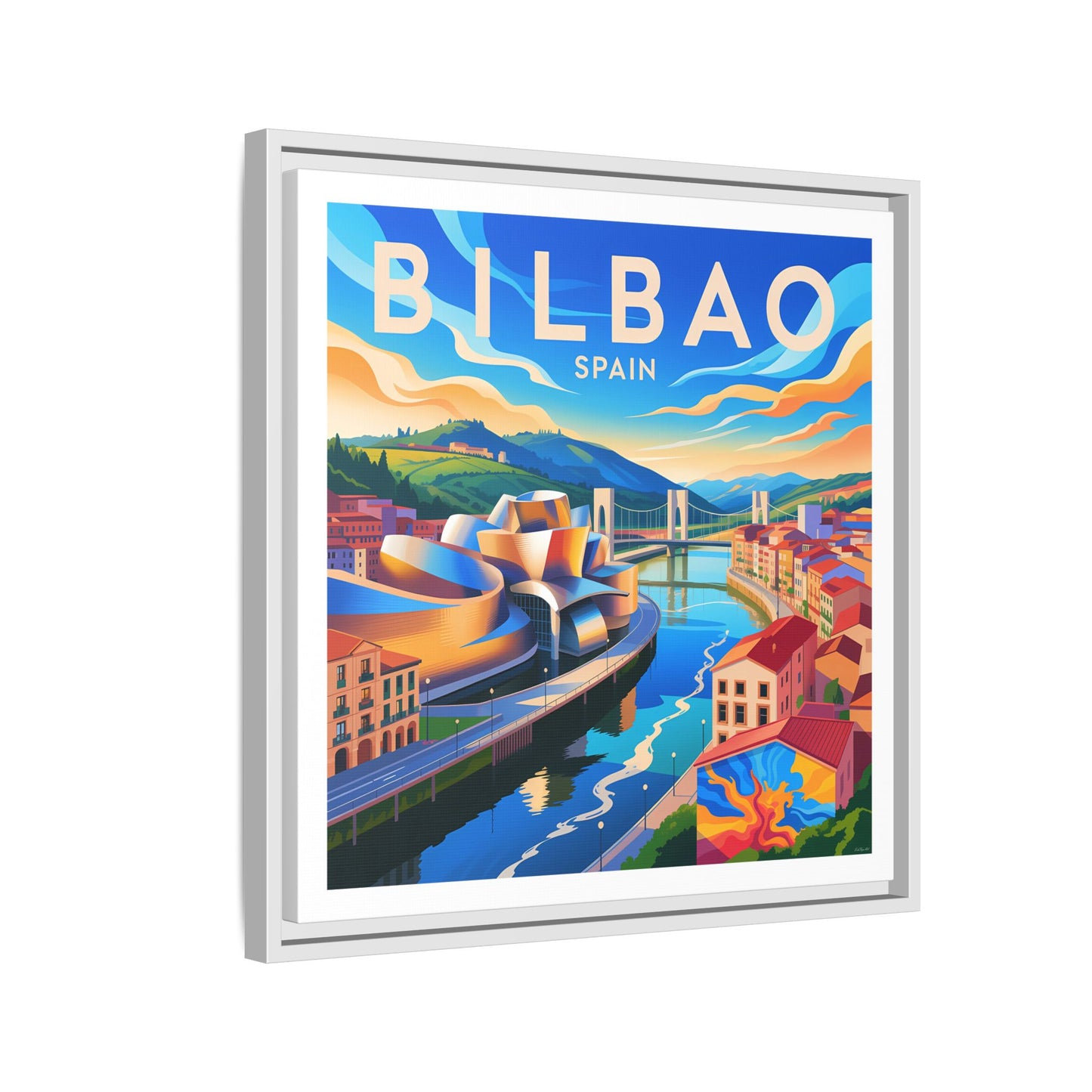 Bilbao Spain travel art Matte Canvas Framed | Bilbao cityscape wall art
