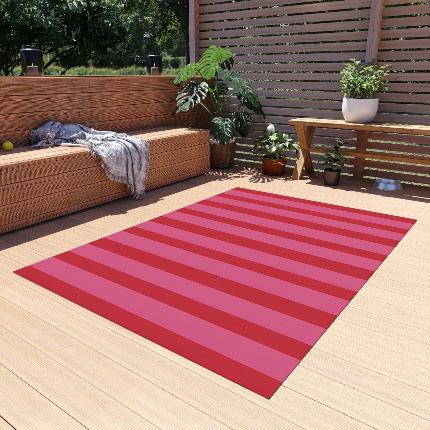 Bold Pink Red Striped Outdoor/Indoor Rug | Waterproof Patio Mat