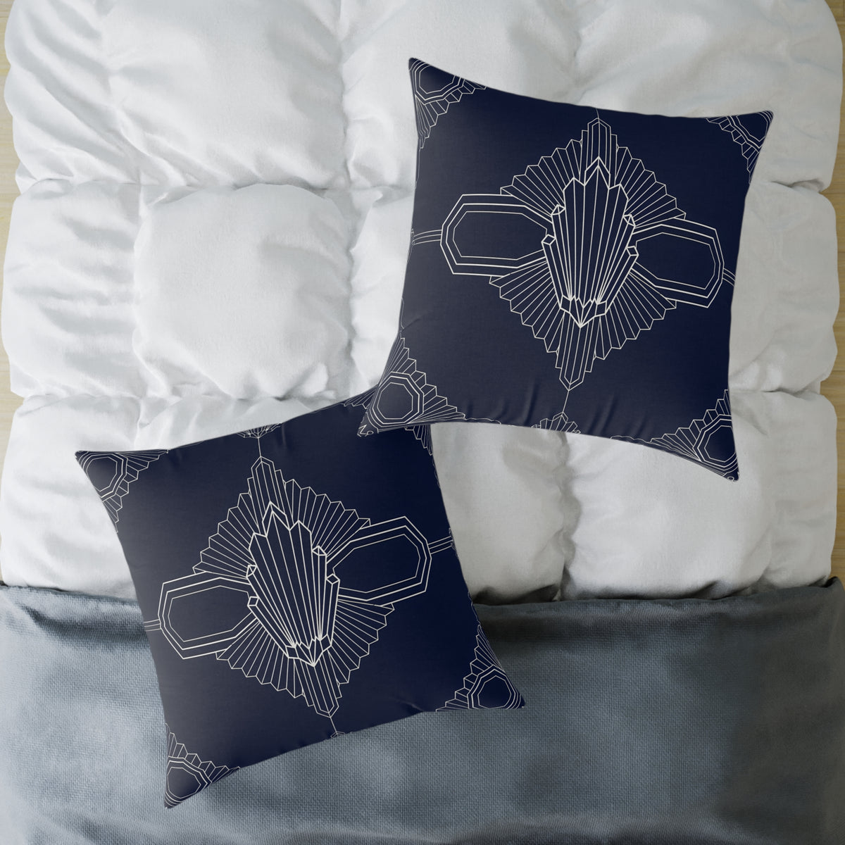 Art Deco Geometric Pattern Square Pillow | Navy White Canvas Throw Pillow