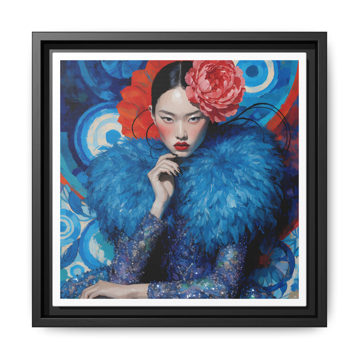 Floral-Femme Asian Woman Portrait Matte Canvas Framed Wall Art | Colorful Fashion Illustration