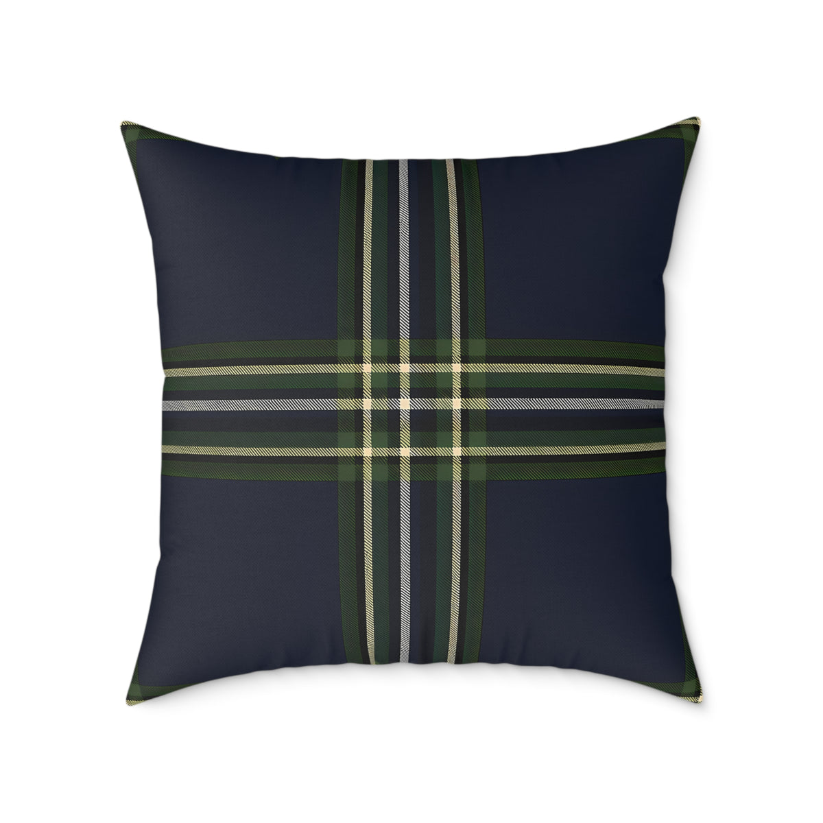 Green Navy Black Beige White Plaid Throw Pillow | Square Poly Canvas Pillow