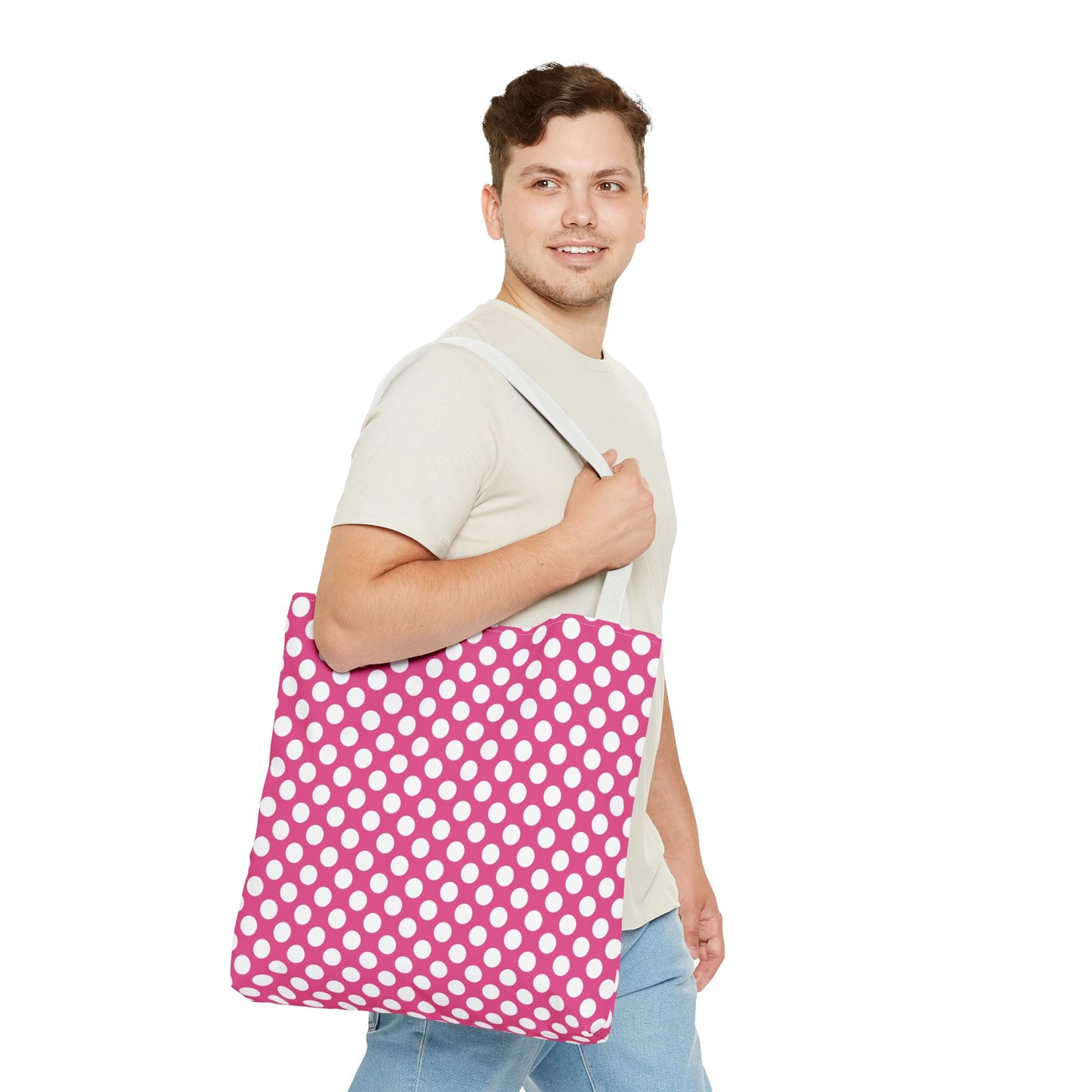 Chic Pink and White Polka Dot Tote Bag, Fun Grocery Bag, Stylish Beach Tote, Trendy Shopping Bag, Cute Gift for Her, Summer Accessories