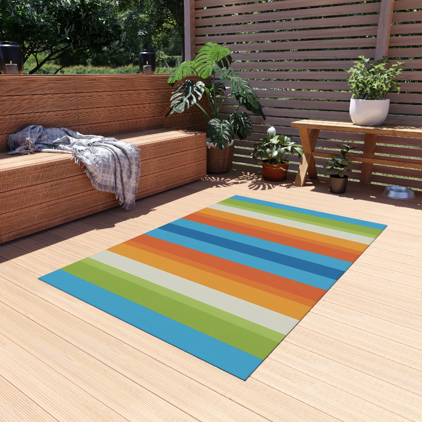 Colorful Vertical Stripe Outdoor/Indoor Rug | Blue Orange Green Patio Mat