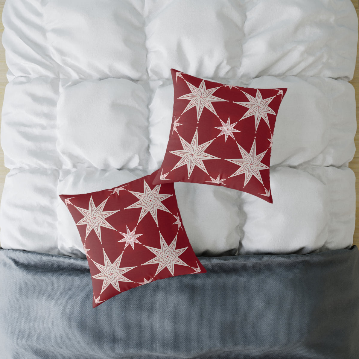 Ivory Starburst Pattern Square Pillow | Red Holiday Throw Cushion