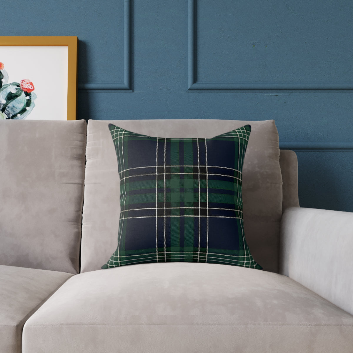 Green Navy White Tartan Plaid Square Poly Canvas Pillow | Woodland Plaid Throw Pillow