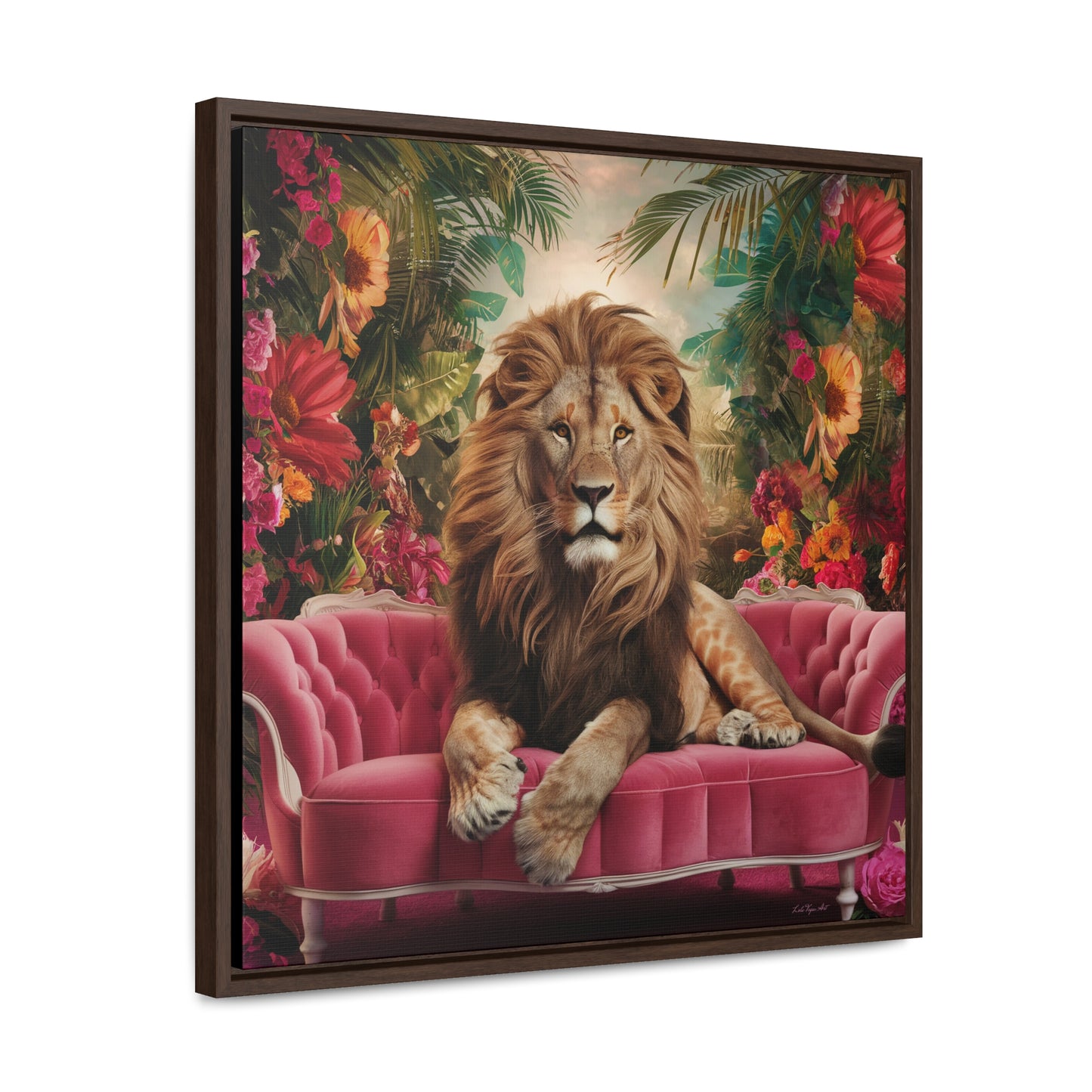 Lion King Square Canvas Wall Art, Majestic Regal Lion with Beautiful Mane on Pink Velvet Couch, Tropical Flowers, Framed Gallery Prints,