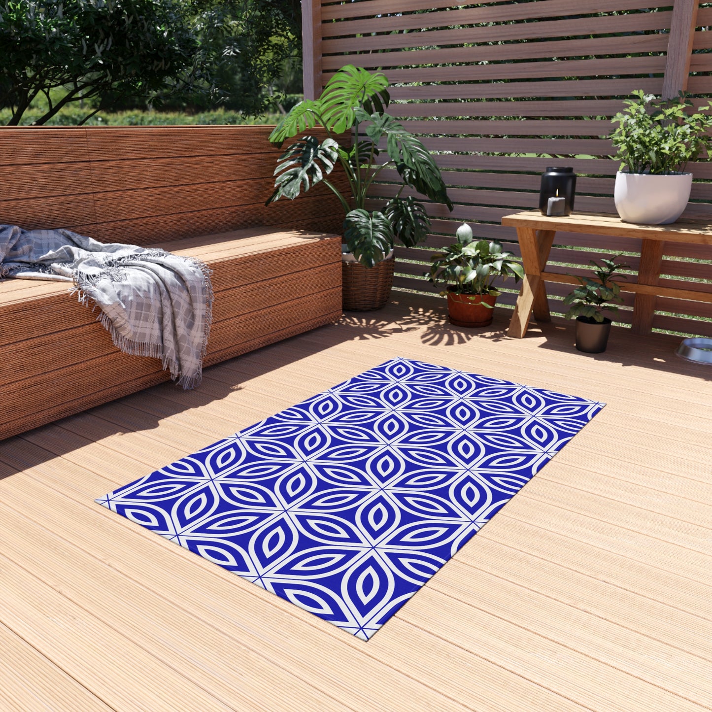 Royal Blue Geometric Floral Pattern Outdoor/Indoor Rug | Blue Petal Tile Design