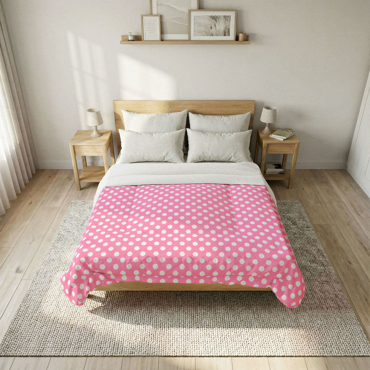 Pink White Polka Dot Cotton Comforter | White Dot Bedding, Kids Room Throw