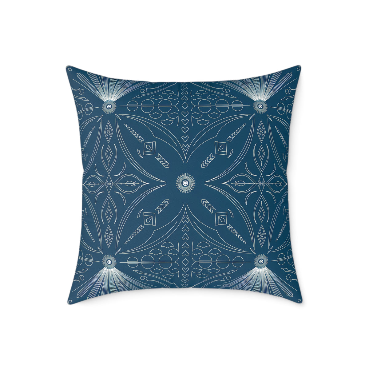 Cerulean White Geometric Mandala Square Poly Canvas Pillow | Boho Tile Pattern