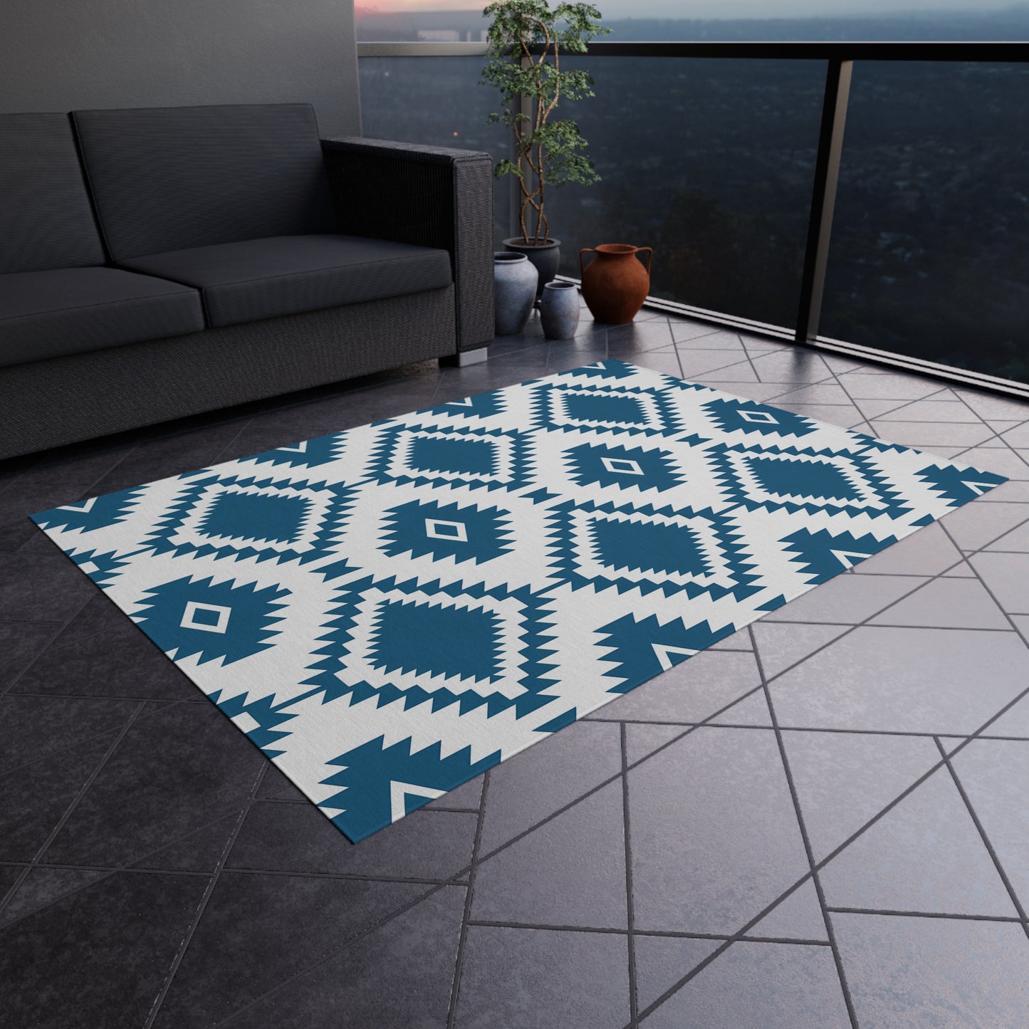 Blue White Aztec Diamond Outdoor/Indoor Rug | Geometric Patio Mat