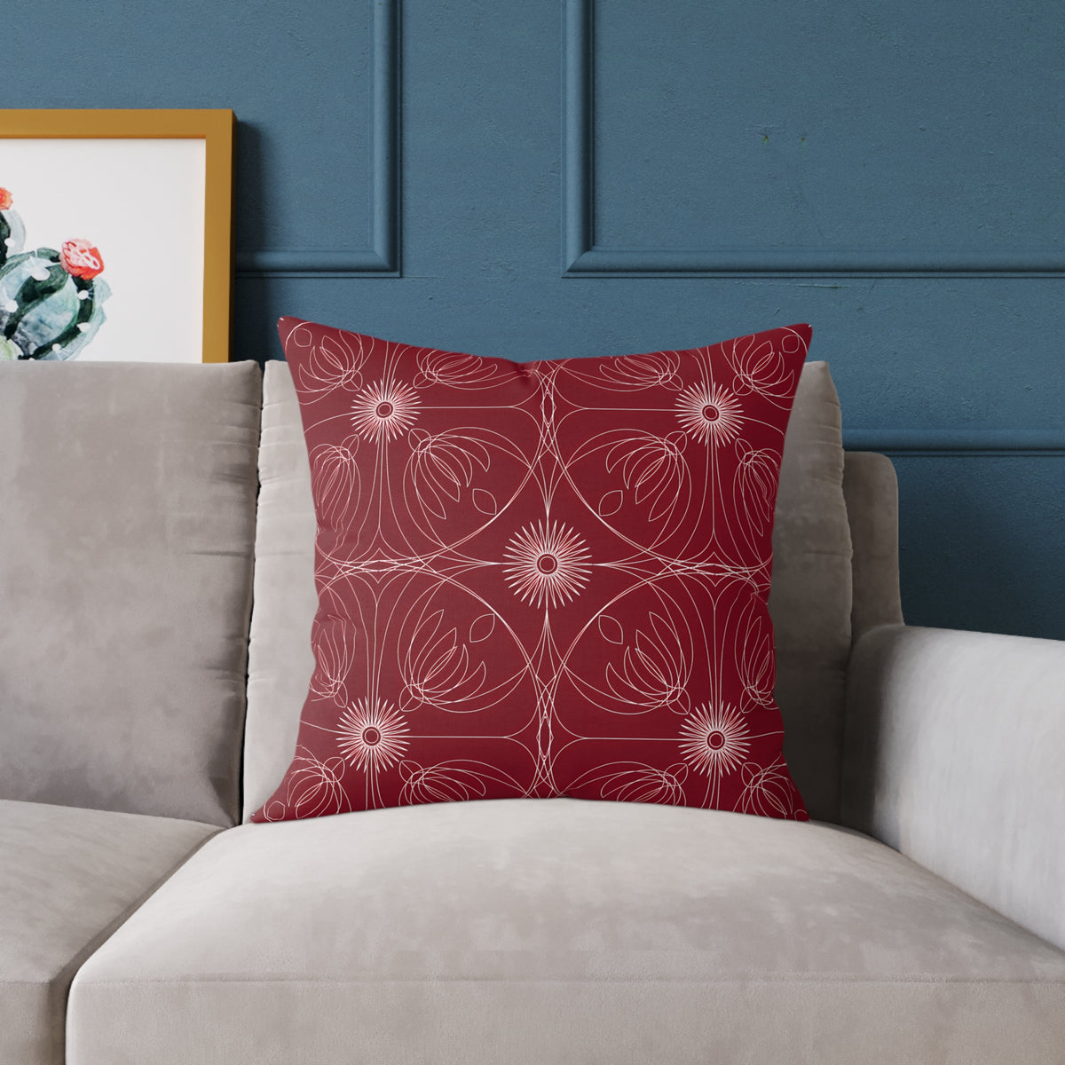 Red Floral Geometric Pattern Pillow | Square Throw Pillow