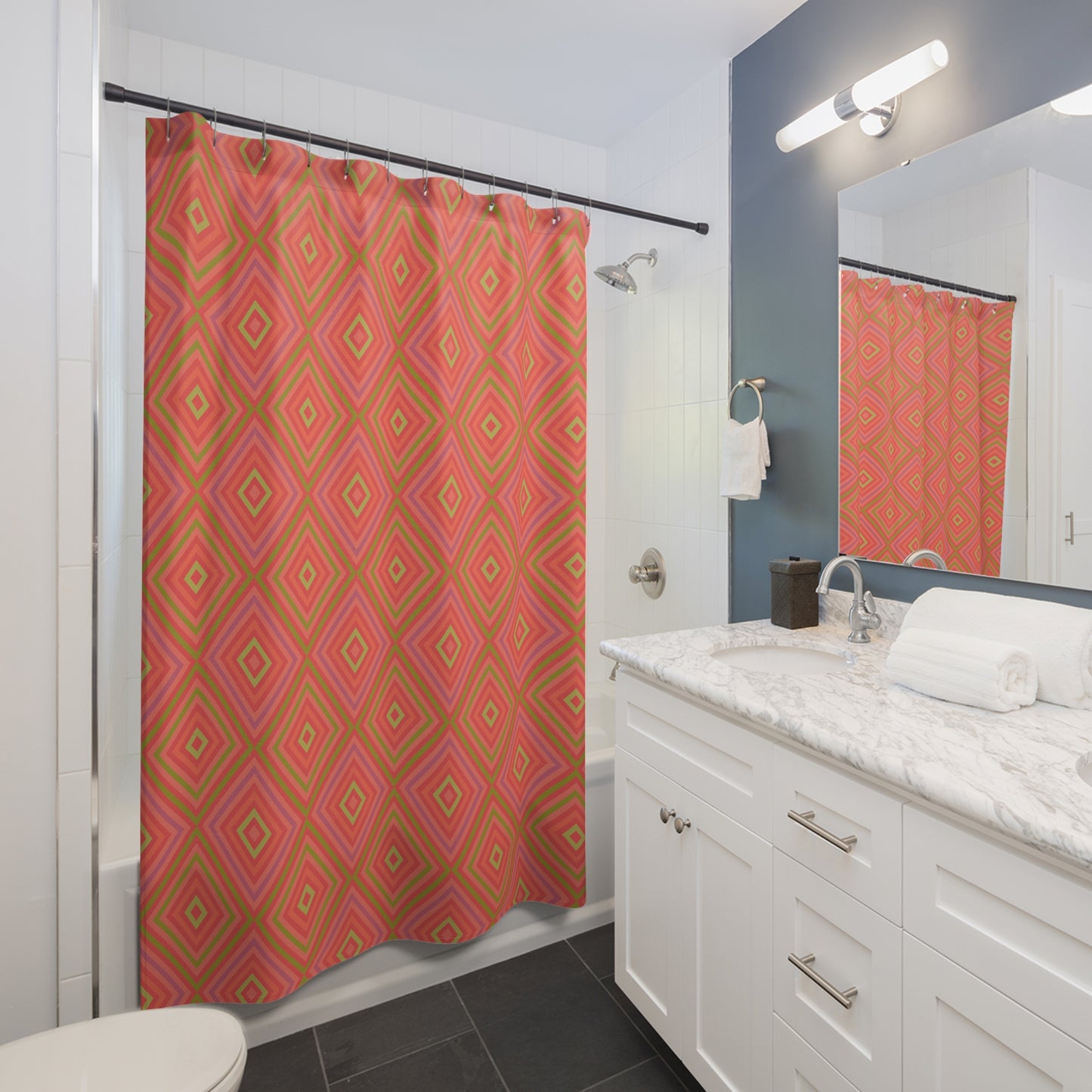 Retro Diamond Geometric Shower Curtain | Pink Coral Green Pattern