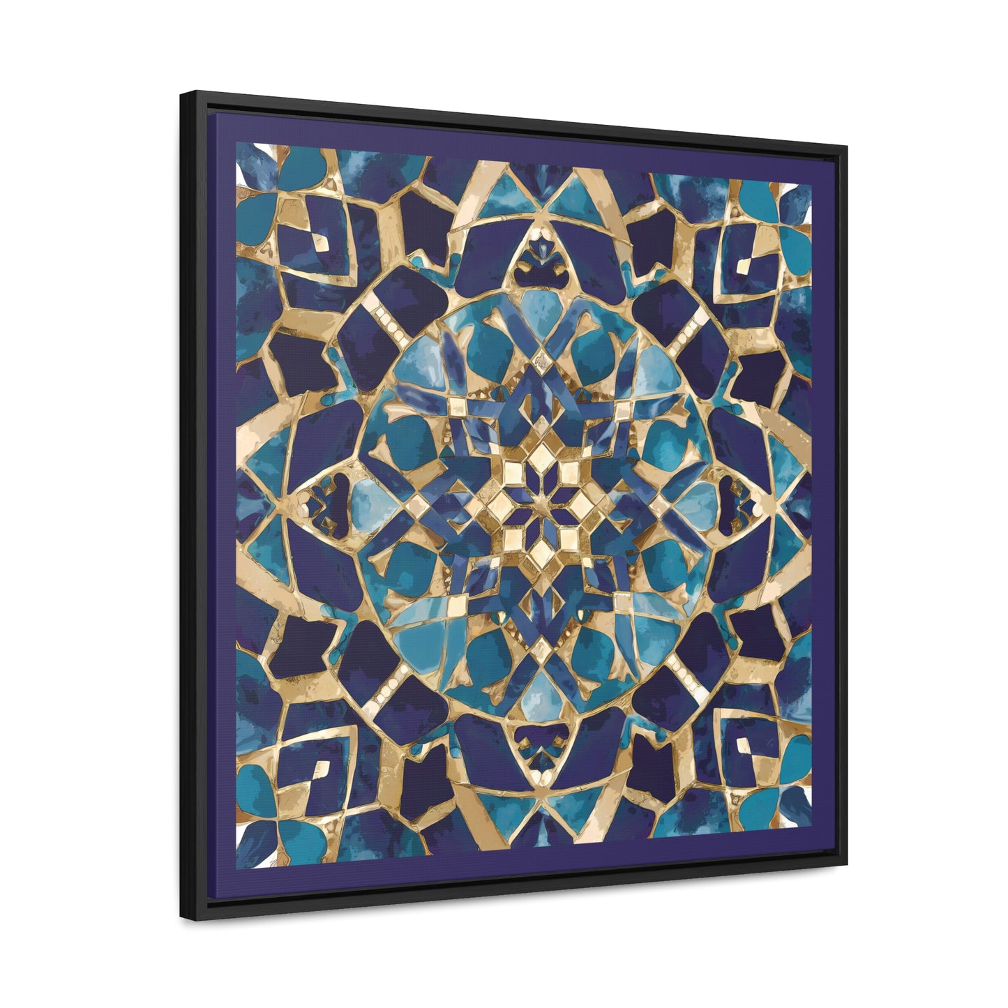 Moroccan Mosaic Canvas Wrap, Ethnic Square Frame Wall Art Painting - Blue and Tan Boho Home Decor, Gallery Artwork, Framed Picture, Living