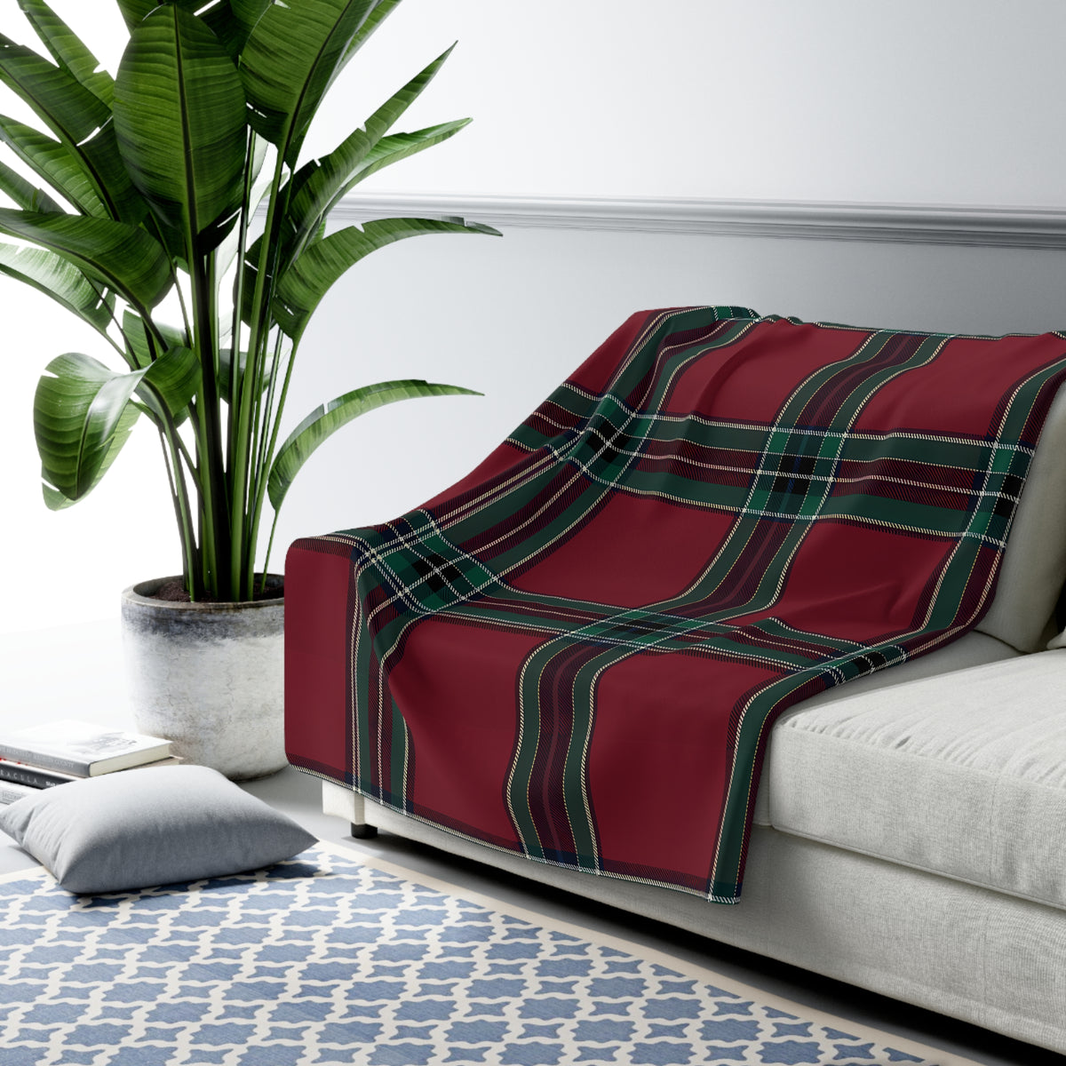 Red Green Black White Beige Tartan Plaid Sherpa Blanket | Cozy Holiday Plaid Throw
