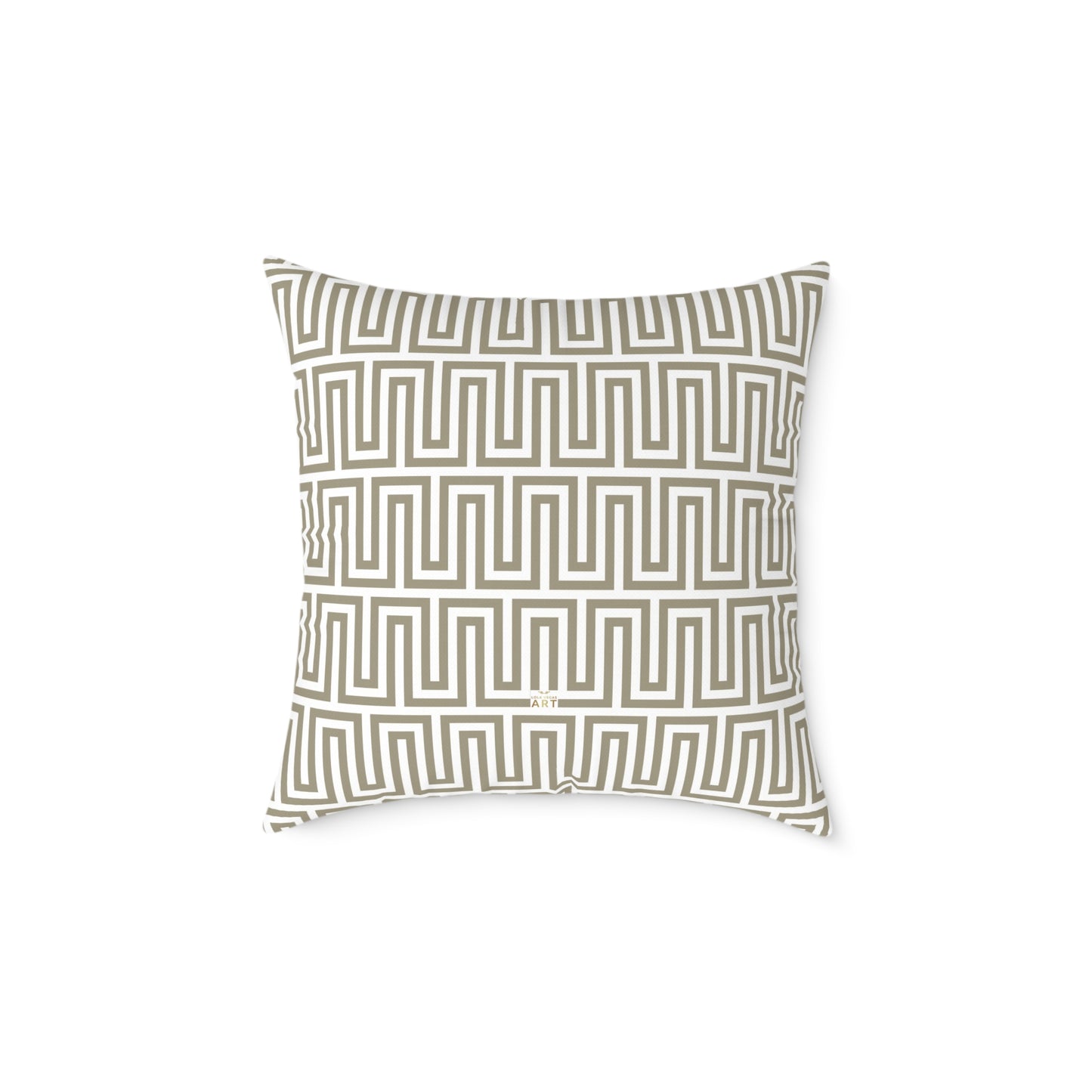 Tan White Greek Key Geometric Pattern Pillow | Square Poly Canvas Throw Pillow