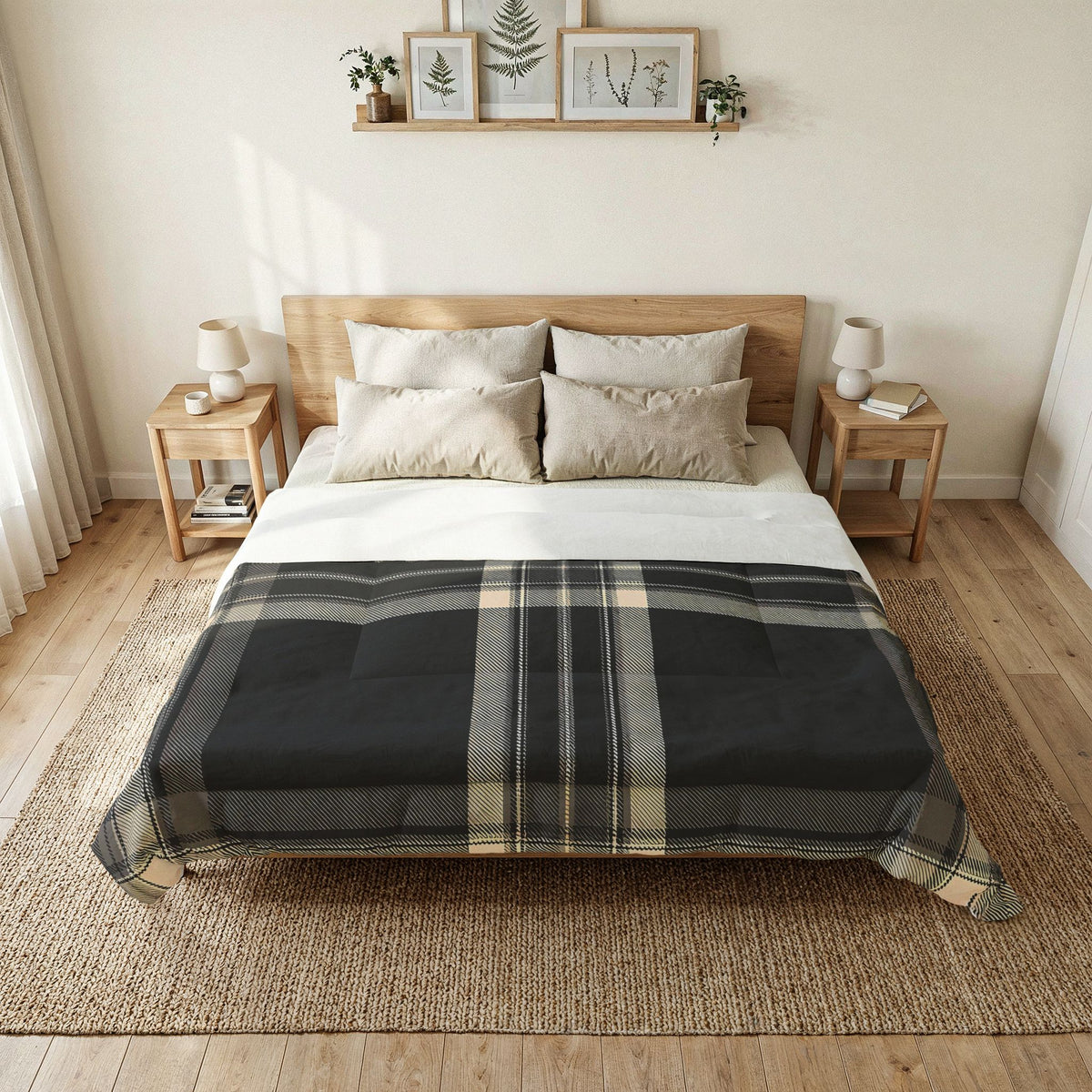 Black Beige Plaid Cotton Comforter | Neutral Check Bedding