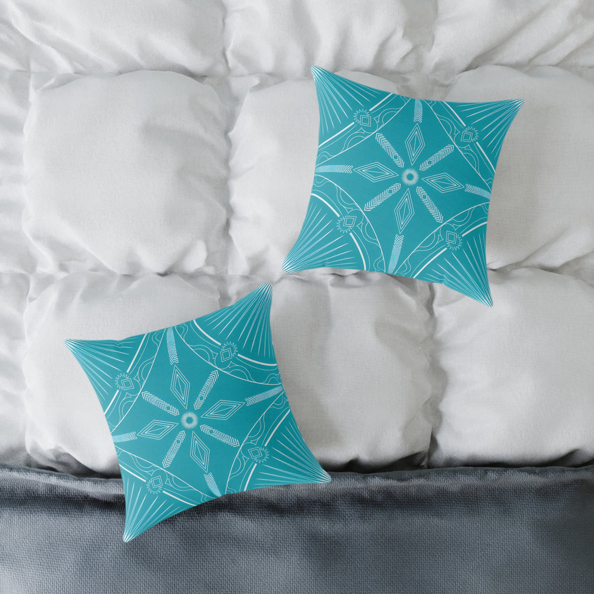 Turquoise White Geometric Mandala Square Pillow | Turquoise Decorative Cushion