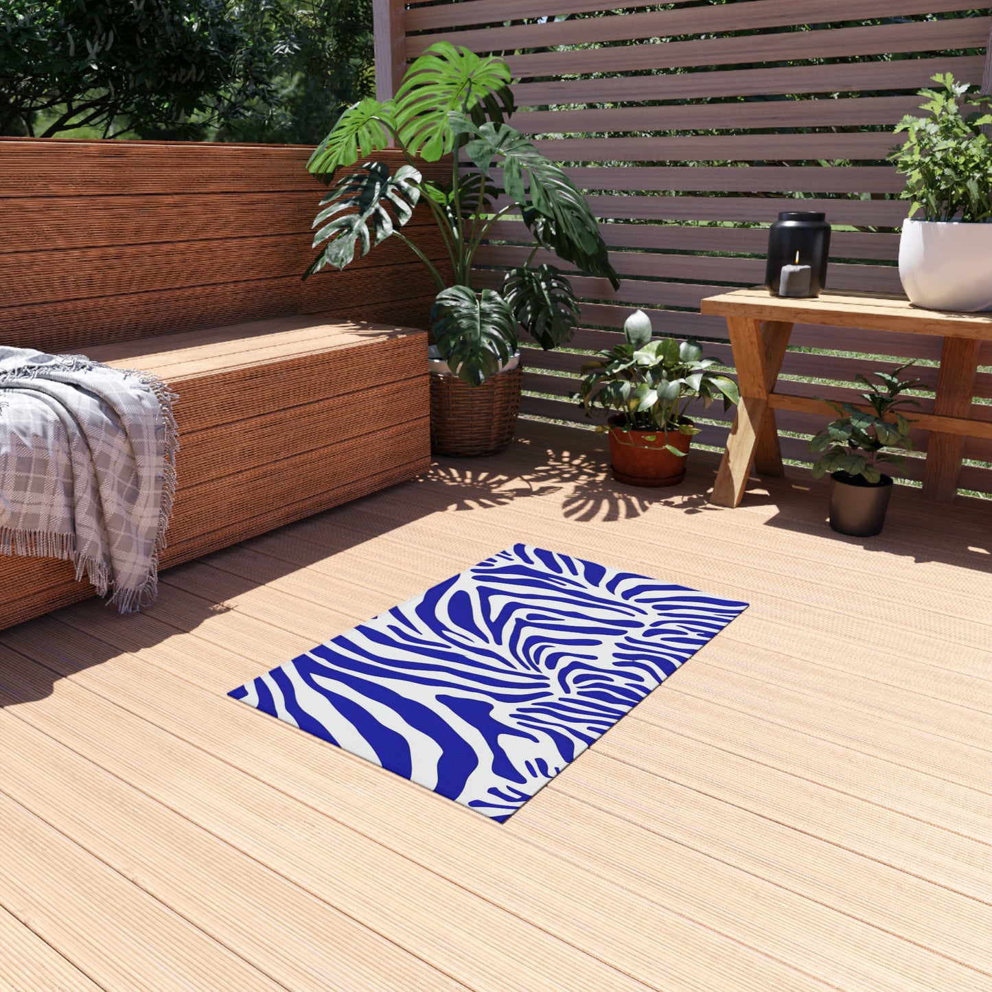 Blue White Zebra Print Outdoor/Indoor Rug | Bold Animal Stripe Patio Mat