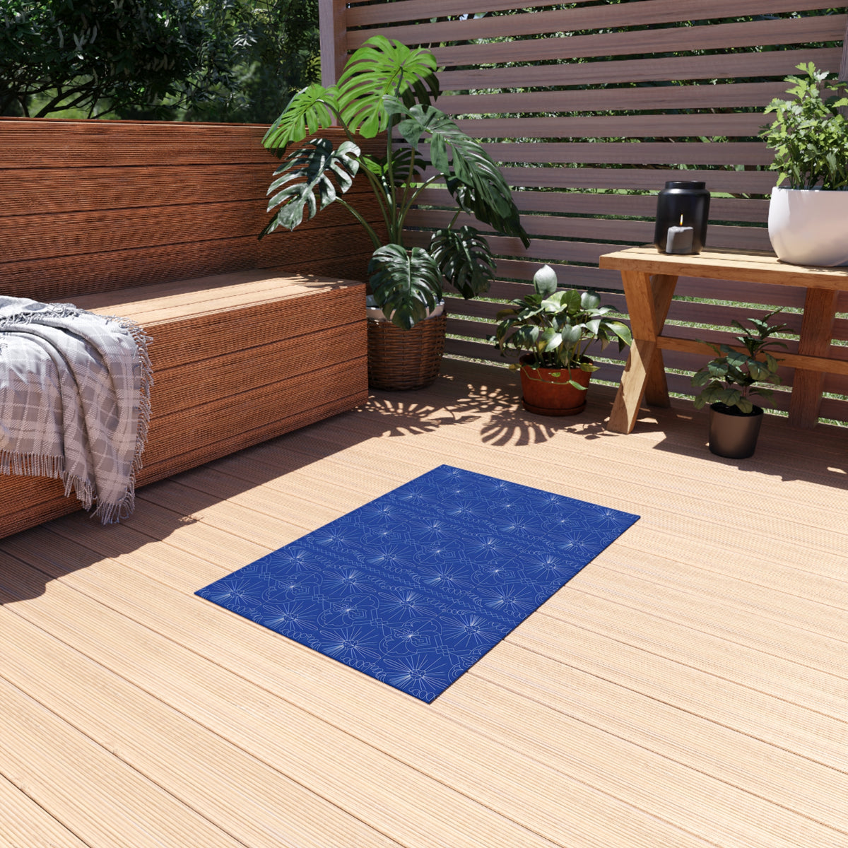 Cobalt Blue Geometric Floral Pattern Outdoor Rug | Patio Mat