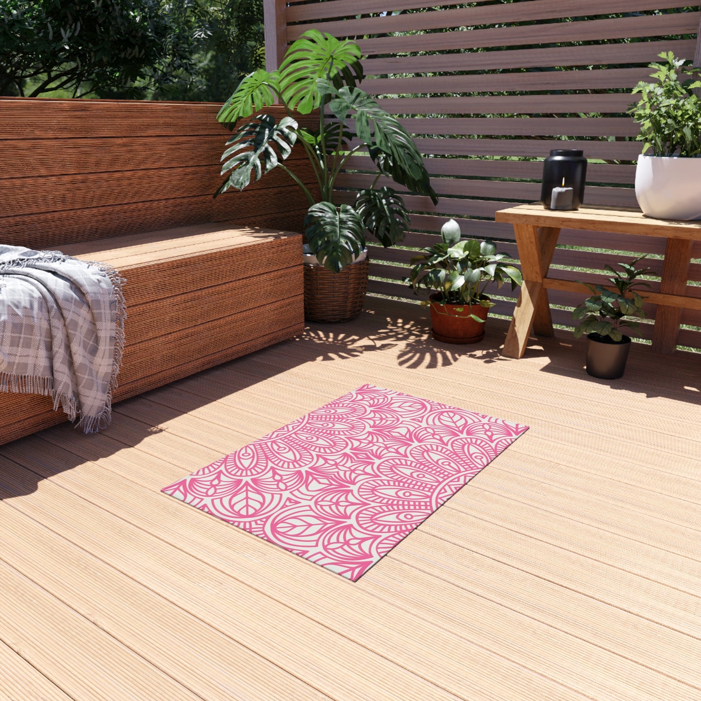 Pink Mandala Pattern Outdoor/Indoor Rug | Floral Patio Mat
