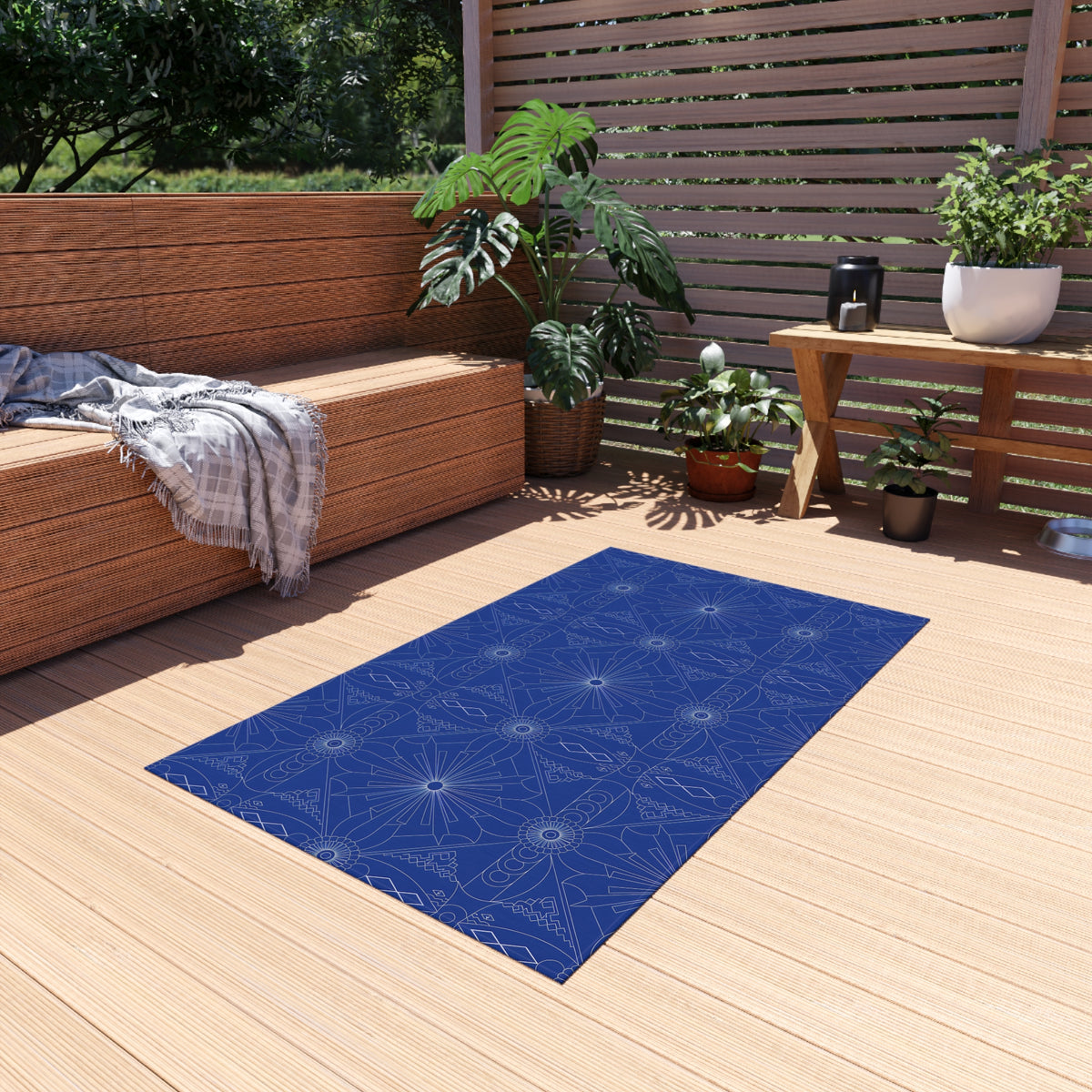 Cobalt Geometric Starburst Outdoor Rug | Patterned Patio Mat