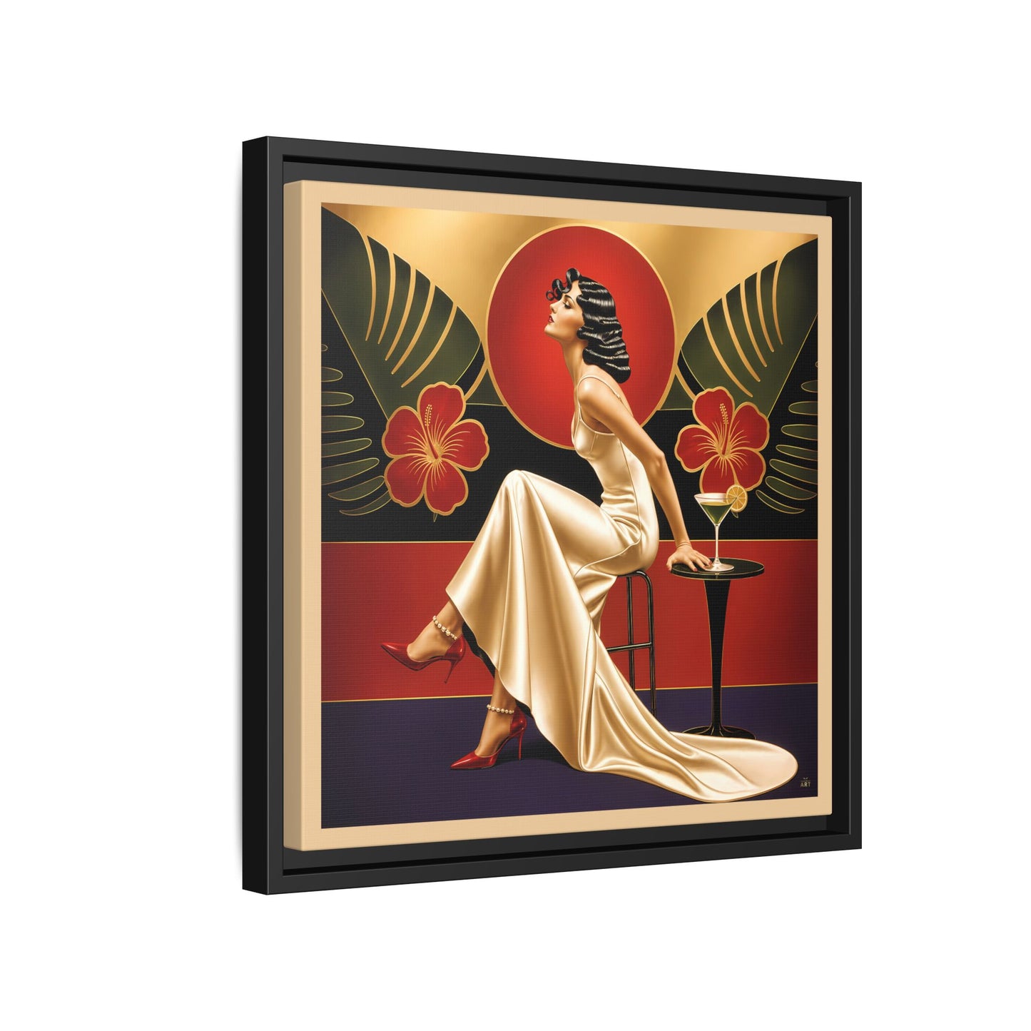 Art Deco Lady Red Green Beige Tropical Canvas Framed Wall Art | Matte Print