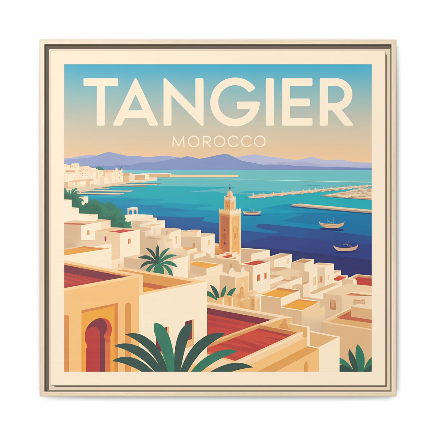 Tangier Morocco Travel Framed Wall Art Matte Canvas | Vintage Style Coastal Wall Art