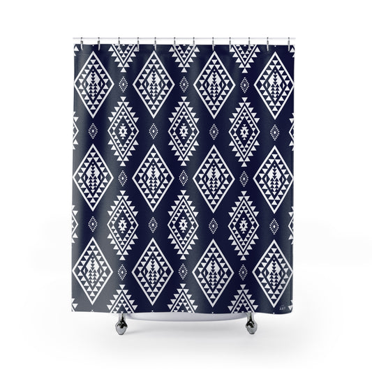Navy Aztec Diamond Shower Curtain | Southwestern Geometric Bathroom Decor, Boho Bathroom Accessory