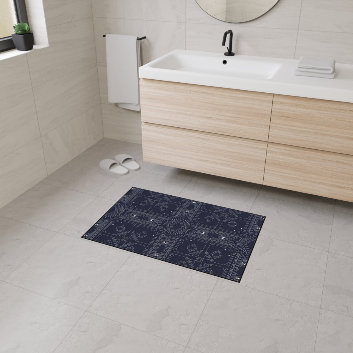 Navy White Geometric Indoor/Outdoor Floor Mat — Durable Non-Slip Rug