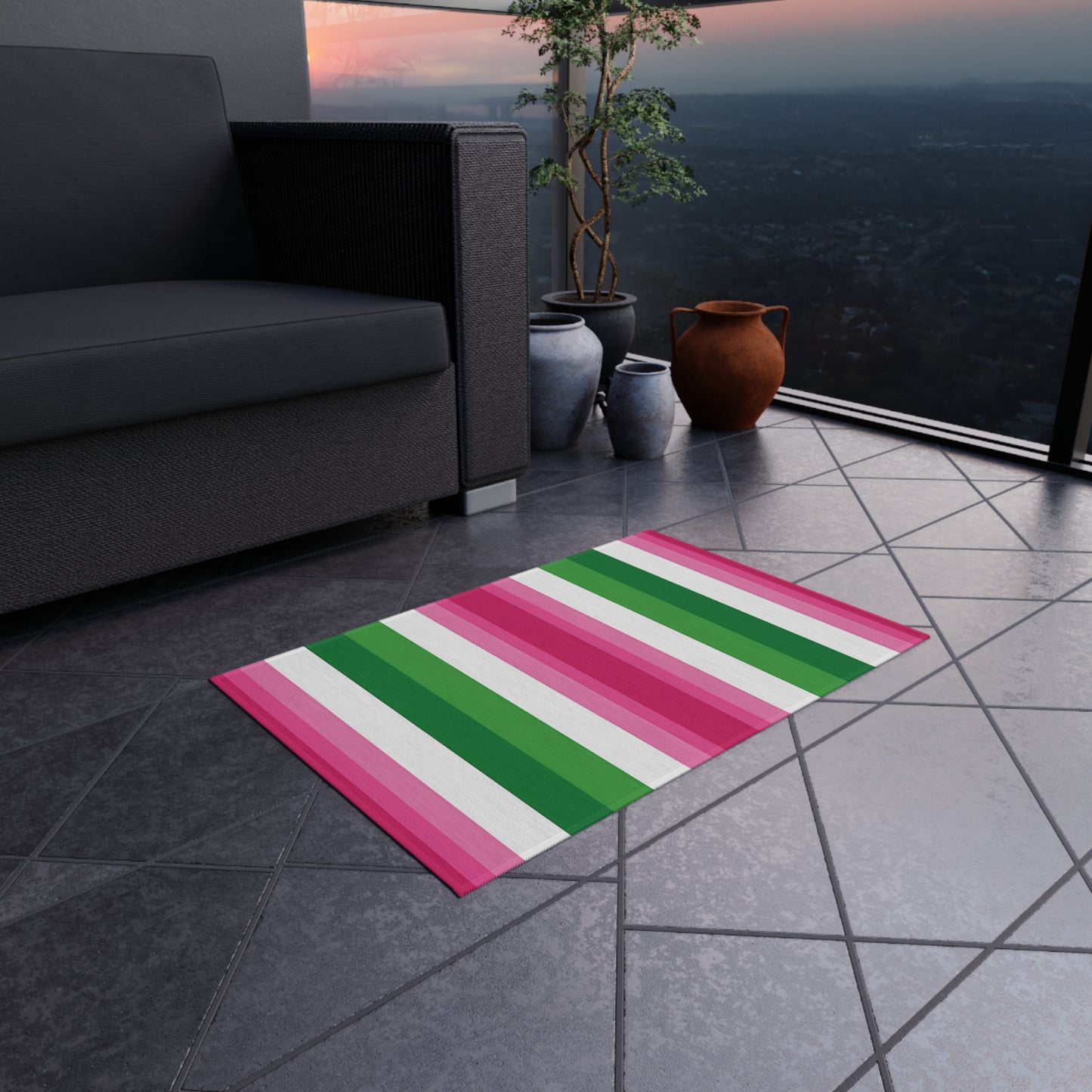 Pink Green Stripe Outdoor/IndoorRug | Striped Patio Mat