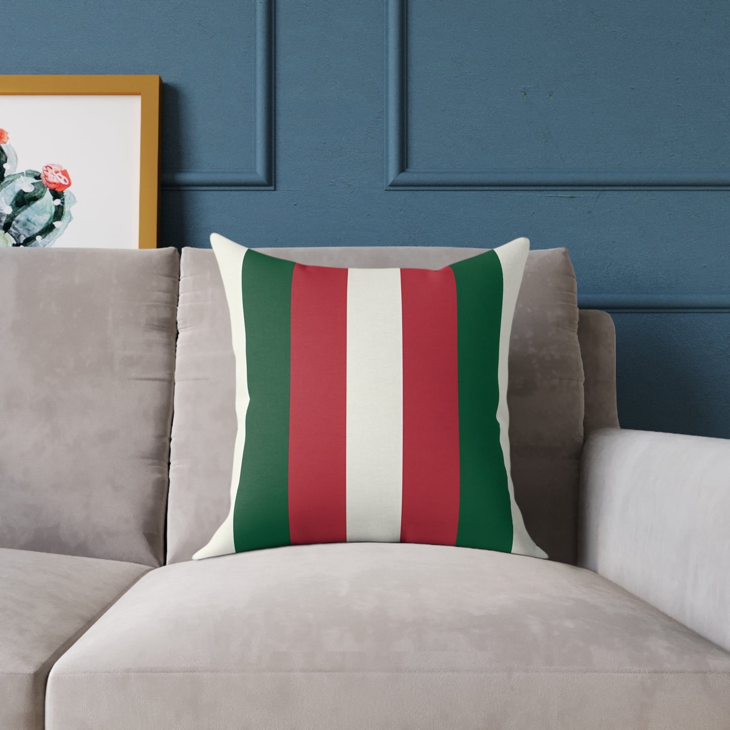 Green Red White Stripe Pillow | Square Poly Canvas Pillow