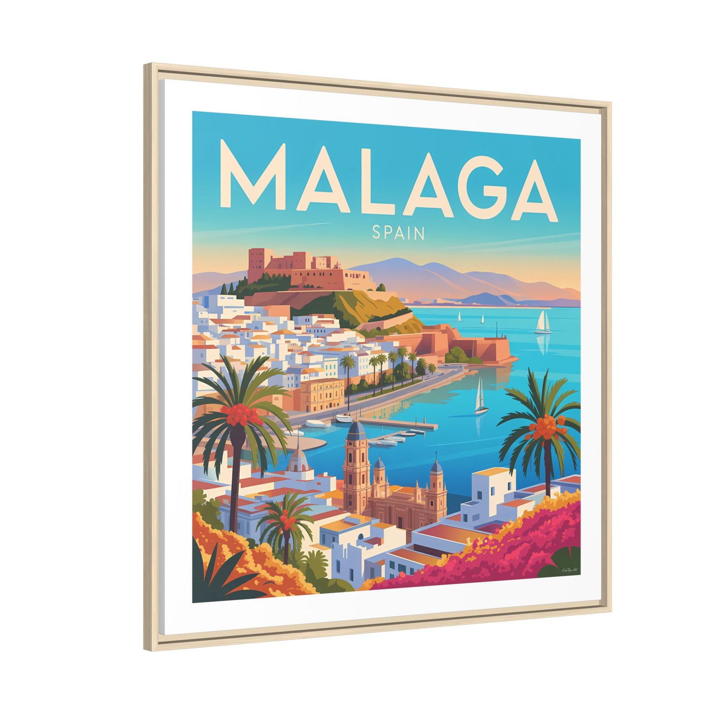 Malaga Spain Coastal  Matte Canvas Framed Wall Art| Vintage Style Travel Art