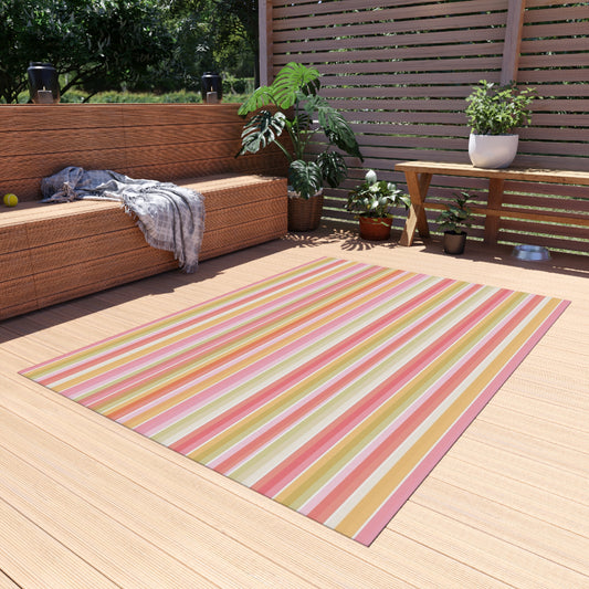 Striped Pastel Outdoor Rug | Pink Yellow Green Patio Mat