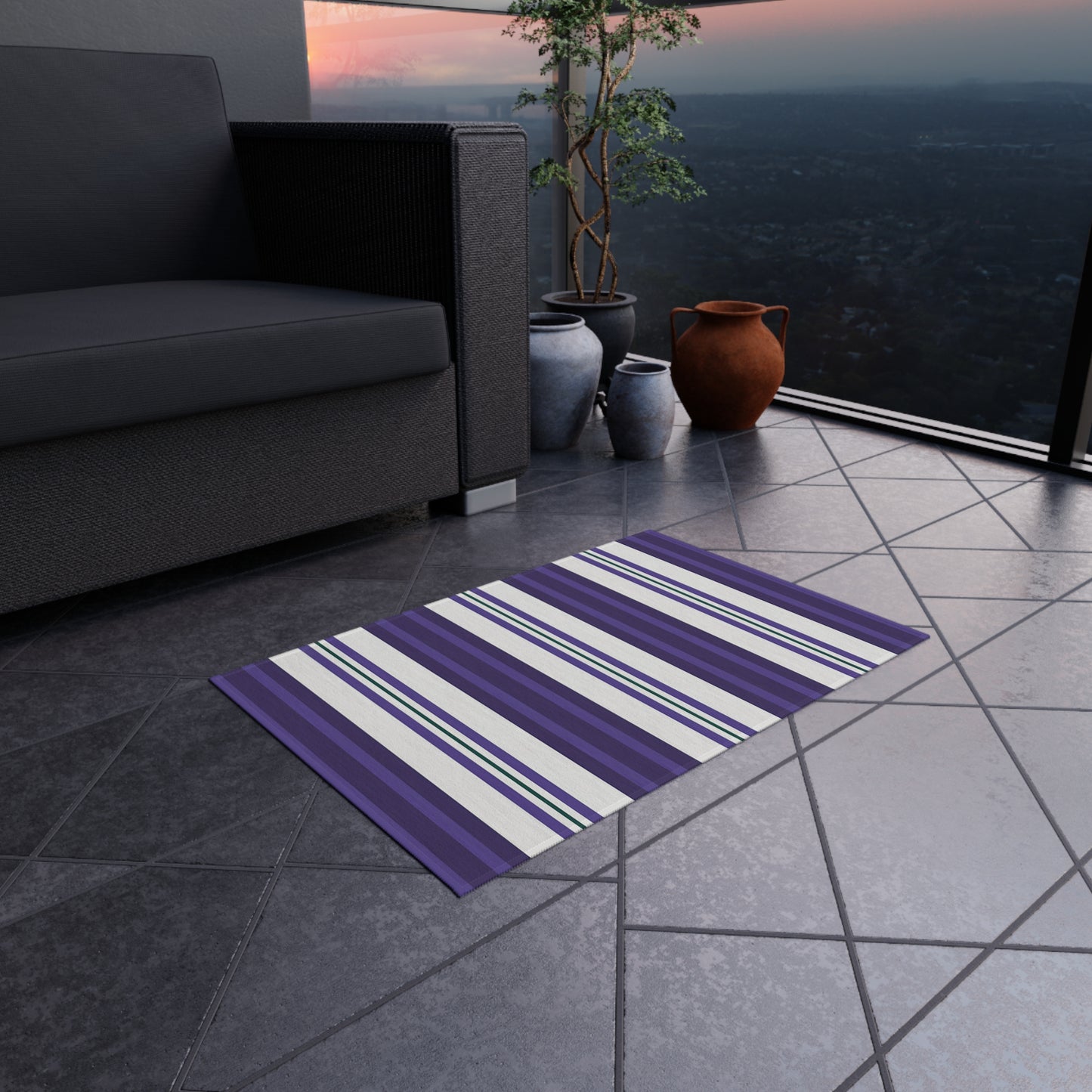 Purple White Stripe Pattern Outdoor/Indoor Rug | Coastal Patio Mat