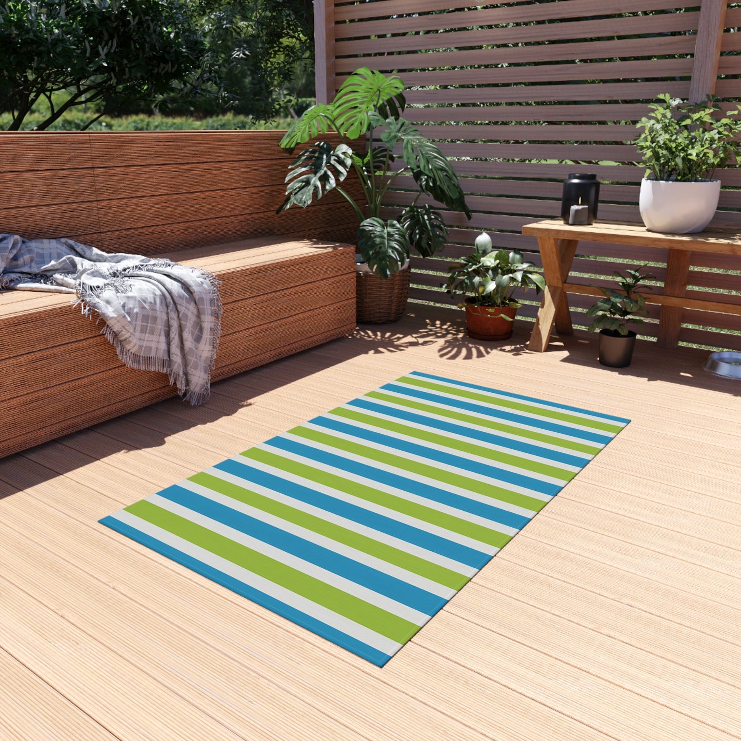 Blue Green Striped Outdoor/Indoor Rug | Patio Mat, Porch Deck Floor Covering