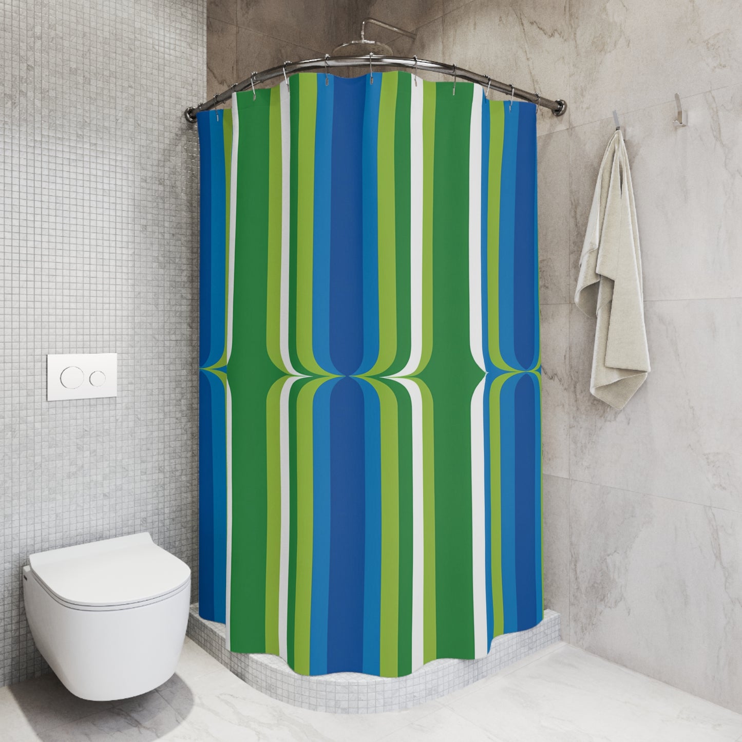 Retro Green Blue Striped Shower Curtain | Mid-Century Modern Bathroom