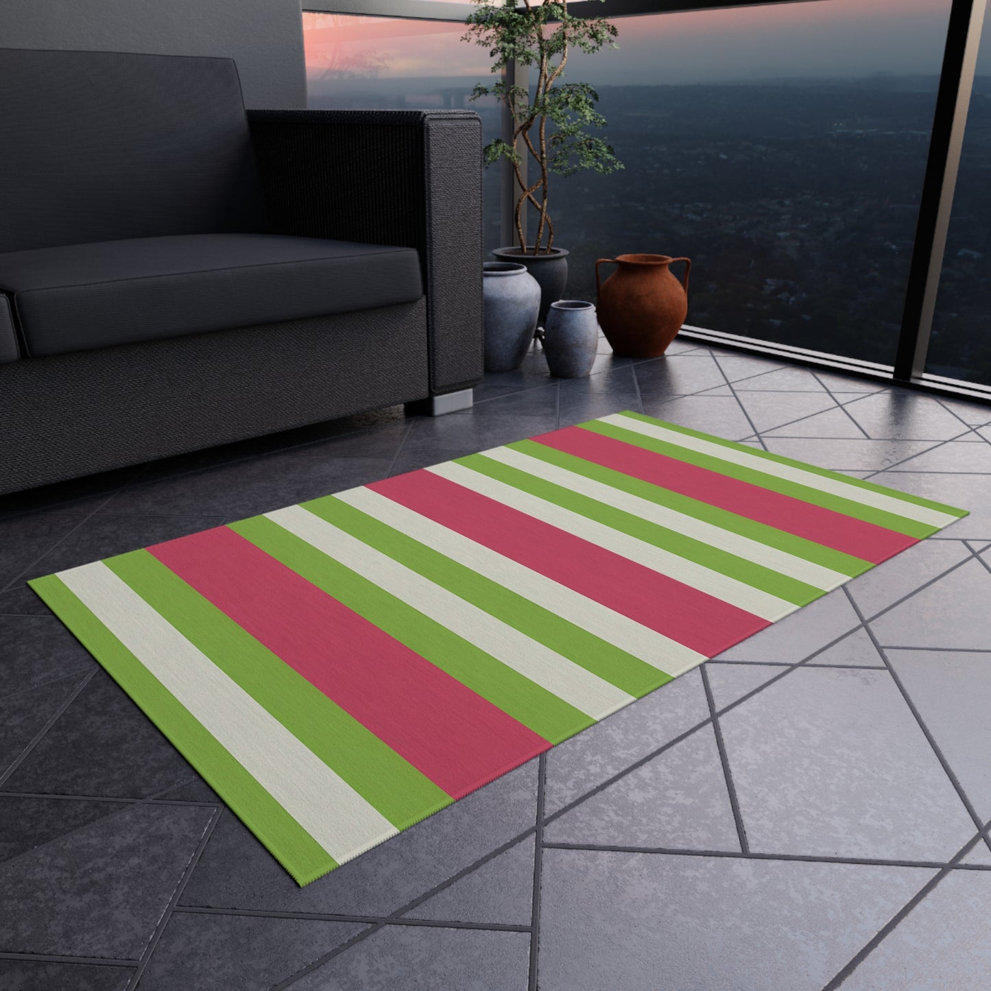Watermelon Pink and Green Striped Outdoor Rug | Patio Mat