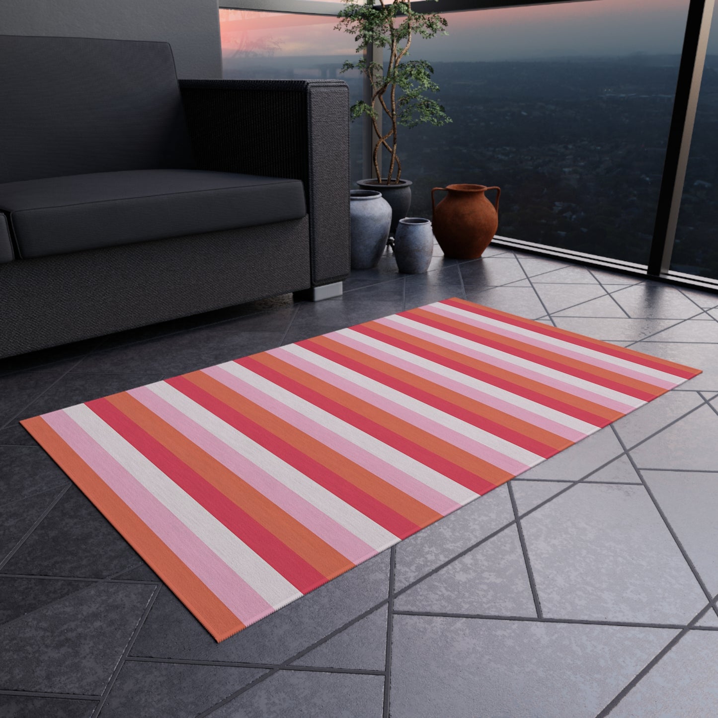 Pink Red Orange White Striped Outdoor/Indoor Rug | Patio Mat, Waterproof Deck Rug