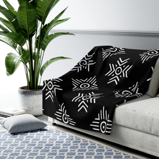 Black White Tribal Geometric Pattern Sherpa Blanket | Aztec Inspired Throw