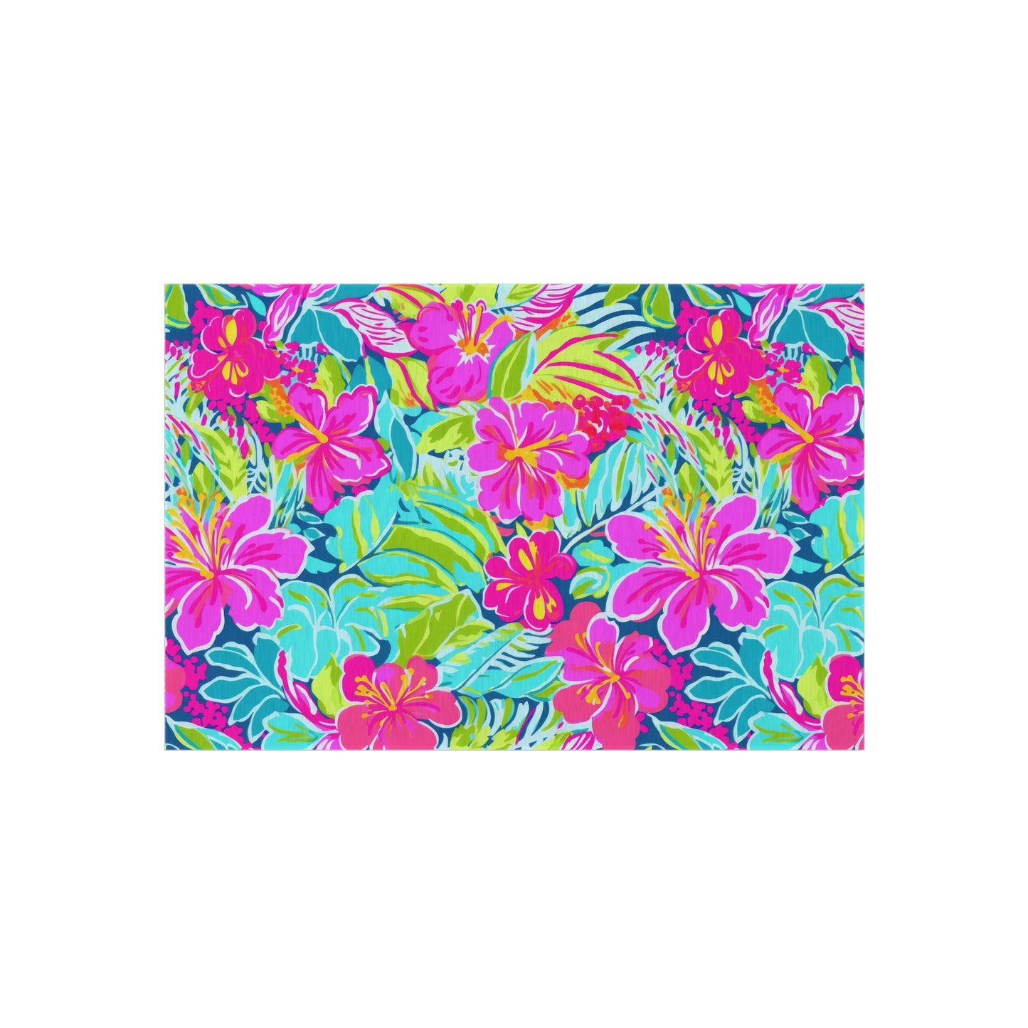 Tropical Hibiscus Floral Outdoor Rug | Bright Pink Teal Patio Mat