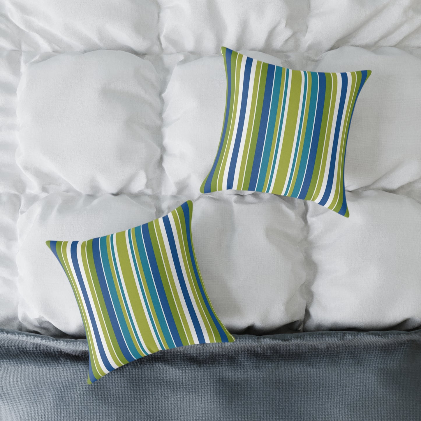 Blue Green White Vertical Stripe Square Pillow | Nautical Coastal Throw Cushion